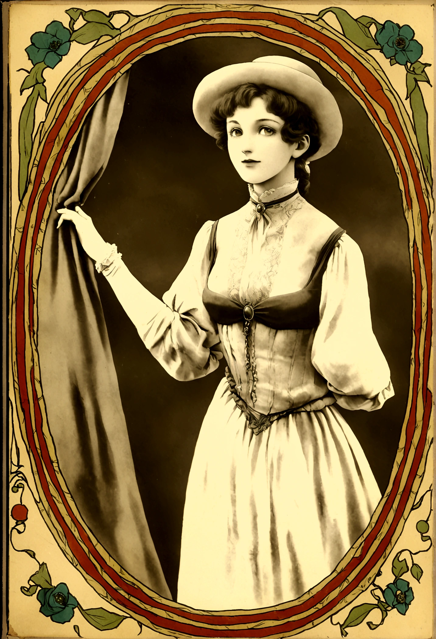 arafed photo of a woman in a fancy dress and hat, a colorized photo inspired by Isobelle Ann Dods-Withers, flickr, art nouveau, 1 9 0 0 s picture, 1900s picture, black-white retro photo 1910, maria fortuny, early 1 9 0 0's, leonora karrington