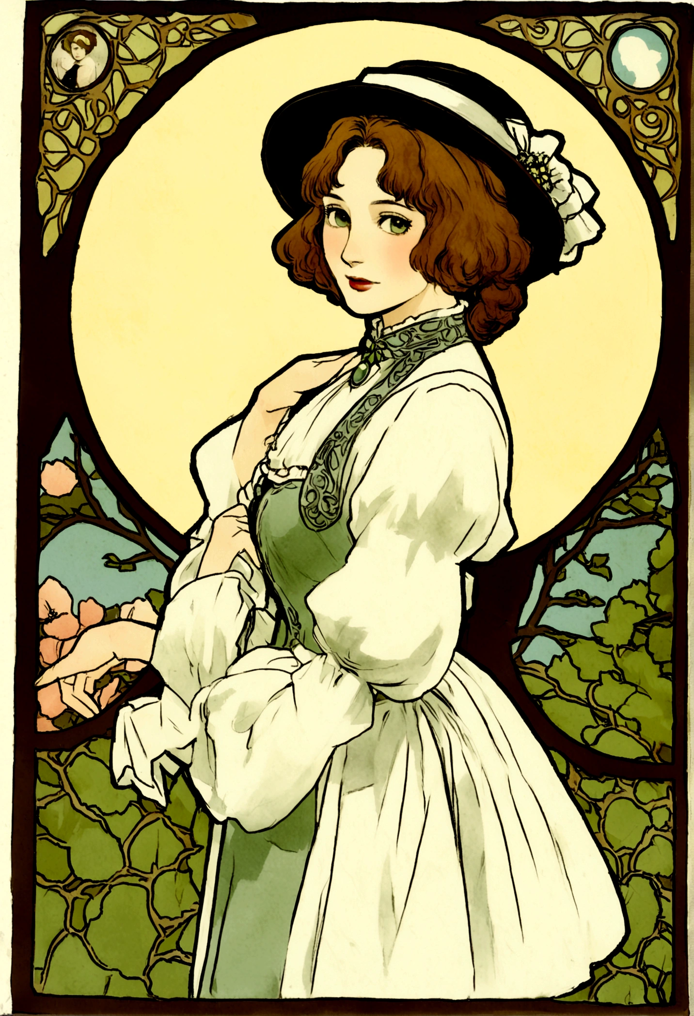 arafed photo of a woman in a fancy dress and hat, a colorized photo inspired by Isobelle Ann Dods-Withers, flickr, art nouveau, 1 9 0 0 s picture, 1900s picture, black-white retro photo 1910, maria fortuny, early 1 9 0 0's, leonora karrington