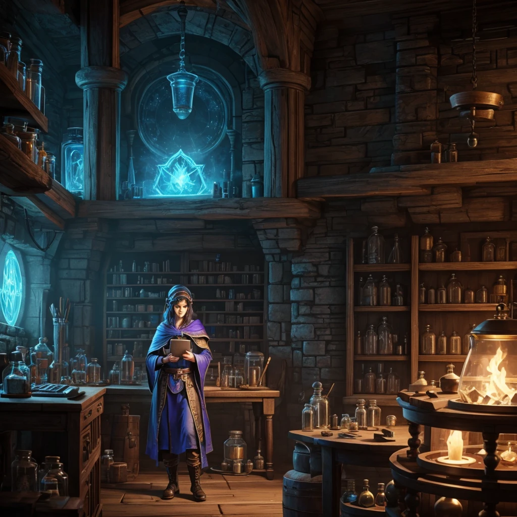 High quality, 4k, mage using a computer, mage room, potions and jars on the walls, wearing gamer headset, realistic