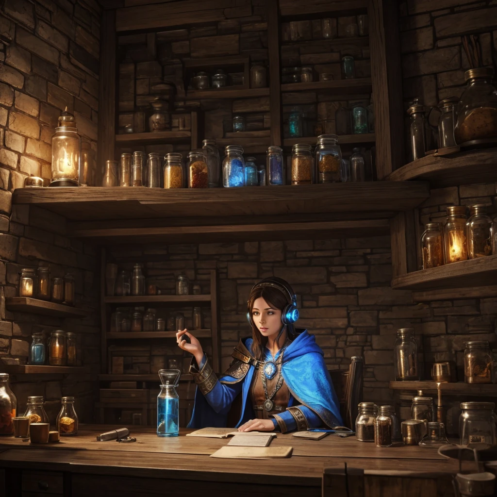 High quality, 4k, mage using a computer, mage room, potions and jars on the walls, wearing gamer headset, realistic