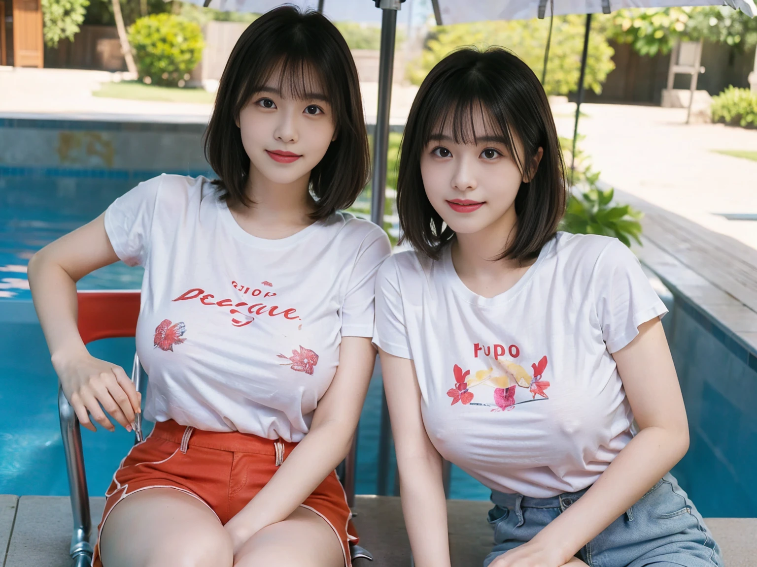 (masterpiece, realistic, photo-realistic:1.2), finely detail, ultra high res, perfect anatomy, best quality, 8K, soft focus, (happy smile:1.2), (2girls side by side,  Japanese short girls, nsfw, T-shirt, hot pants:1.2), upper body shot, focus on breasts, (black straight hair, short hair, blunt bangs:1.2), beautiful detailed face and big eyes, (glowing fair skin:1.2), (pointed huge breasts, gigantic breasts:1.2), (bloom, awesome detailed pool side, sunshade, beach chair:1.2),