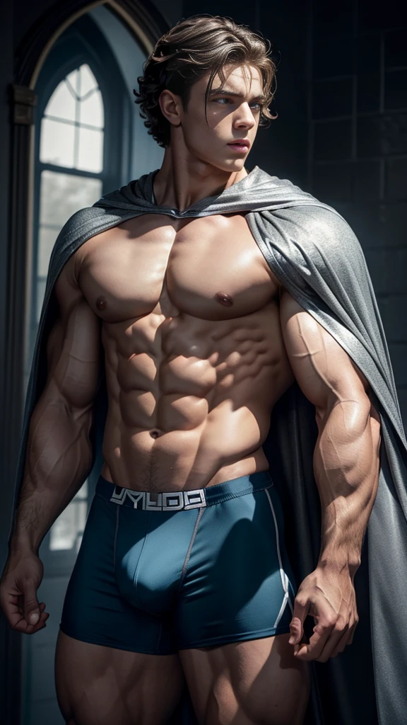 (Muscular young boy), huge strong biceps volume, flat chest small breasts, strong tonned exposed abs, muscular strong legs, bodybuilder muscles bursting in strength, exposed abs skin, blue eyes, (short light grey haircut), wavy hair, tight underwear and cape