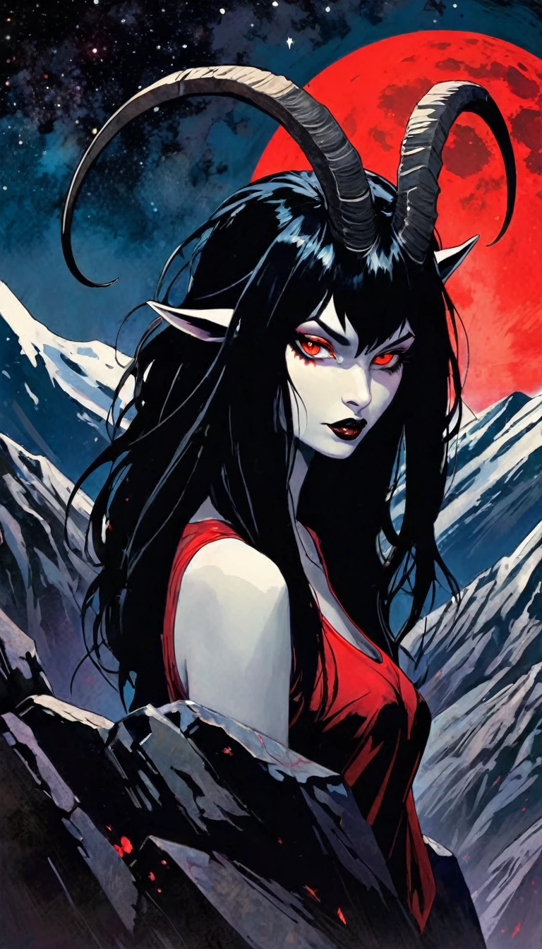 1 big black satanic goat with red eyes and 1 sexy girl with black hair, dark mountain, sinister, stars, background, art inspired by Bill Sienkiewicz (best quality,4k,8k,highres,masterpiece:1.2),ultra-detailed,(realistic,photorealistic,photo-realistic:1.37),intricate details,vivid colors,sharp focus,professional,Dave McKean artwork, oil touch of surrealism,oil painting style
