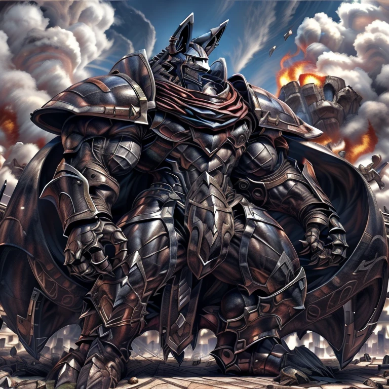(masterpiece. official art. 8k. best quality. detailed full body. full body.)
(situation 1 : dominating mega_lucario. mega_lucario is over 1000 meters long. focus GIANT mechanical Muscular mega_lucario is trampling the city. Looking down. macro. stomp. Low-angle perspective. emphasizing the immense size.)
(situation 2 :smoke and flames rising from the destruction in the city)
(Additional details 1: BlackKnight_fe. Armor. Cape. Helmet. Sword. wearing a full-face helmet. high-tech bio-mecha armor. real texture material. whole body shines like metal. Wearing cyberpunk mecha. emphasizes the muscles. suit fully made of metal. intricate armor. Robotic suit. suit fully made of metal. cyborg. Powered exoskeleton with the same design as mega_lucario).
(Additional details 2: Detailed head. Detailed Body. Detailed abs. gigantic muscles. HYPER MUSCLES. Gigachad Muscular. big muscle. pecs. triceps. traps. unusually developed muscular body. body full of huge muscles. showing off muscles. pectorales enormes. Exaggeratedly huge muscles. huge muscles. long legs.).
(Additional details 3: NJfurry. mega_lucario wears a long black cloak.The claws are sharp. Sharp teeth. 5 toes.).
(Additional details 4: tiny thong, metallic color: jet black thong. bulge in the crotch.)