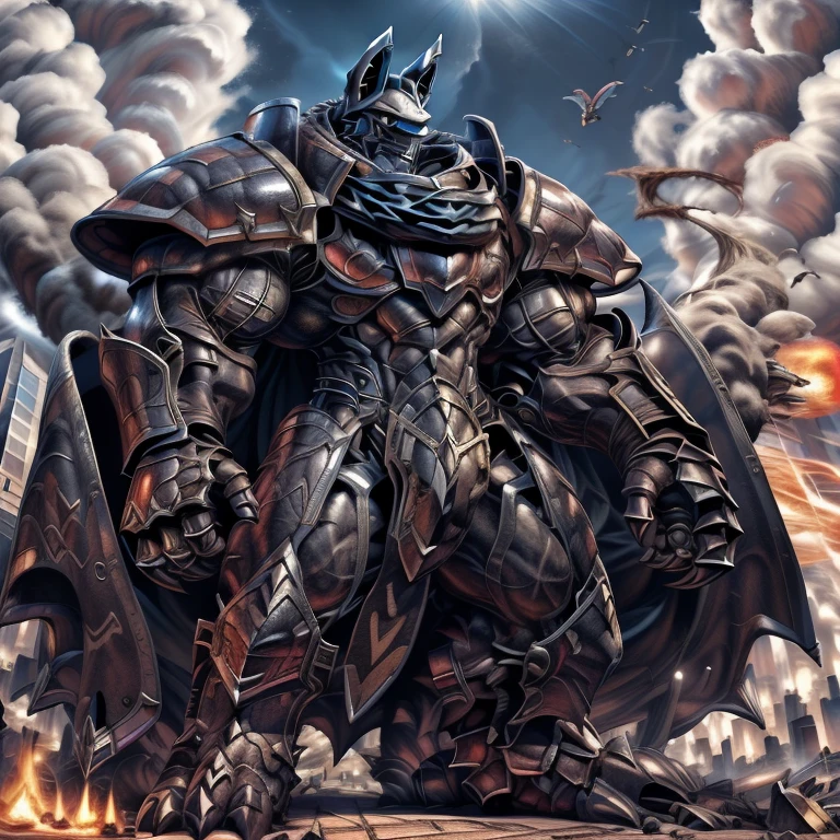(masterpiece. official art. 8k. best quality. detailed full body. full body.)

(situation 1 : dominating mega_lucario. mega_lucario is over 1000 meters long. focus GIANT mechanical Muscular mega_lucario is trampling the city. Looking down. macro. stomp. Low-angle perspective. emphasizing the immense size.)

(situation 2 :smoke and flames rising from the destruction in the city)

(Additional details 1: BlackKnight_fe. Armor. Cape. Helmet. Sword. wearing a full-face helmet. high-tech bio-mecha armor. real texture material. whole body shines like metal. Wearing cyberpunk mecha. emphasizes the muscles. suit fully made of metal. intricate armor. Robotic suit. suit fully made of metal. cyborg. Powered exoskeleton with the same design as mega_lucario).

(Additional details 2: Detailed head. Detailed Body. Detailed abs. gigantic muscles. HYPER MUSCLES. Gigachad Muscular. big muscle. pecs. triceps. traps. unusually developed muscular body. body full of huge muscles. showing off muscles. pectorales enormes. Exaggeratedly huge muscles. huge muscles. long legs.).

(Additional details 3: NJfurry. mega_lucario wears a long black cloak.The claws are sharp. Sharp teeth. 5 toes.).

(Additional details 4: tiny thong, metallic color: jet black thong. bulge in the crotch.)