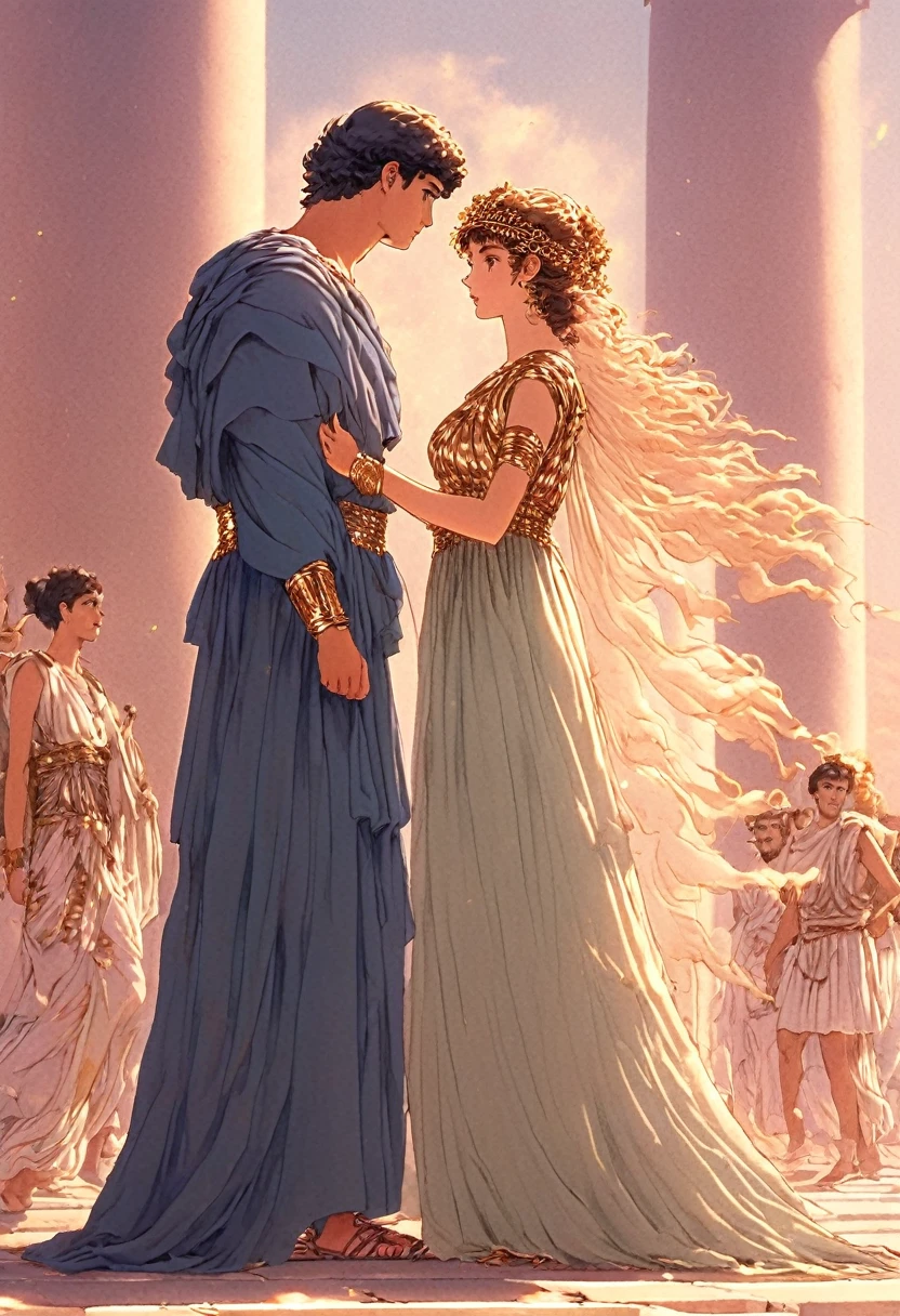 Very best quality, masterpiece , a very retro vintage kinda look feel 8K,High HD,higher rselutionHigh quality very anime semi realism In Ancient classical Athens Show a young strong looking handsome youvng man a yoing very lovely woman in ancient classical greek dress fashions that is loose cooling flowy kinda thin almost filmy and in pastels and vibrant bright colors very greek very classical old ancient world look feel
