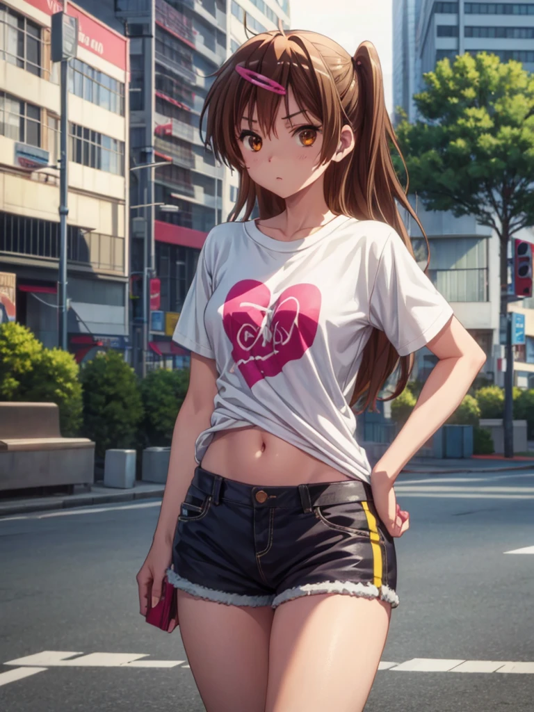 Girl, 16 years old, slim t-shirt, short, navel shown, street background
