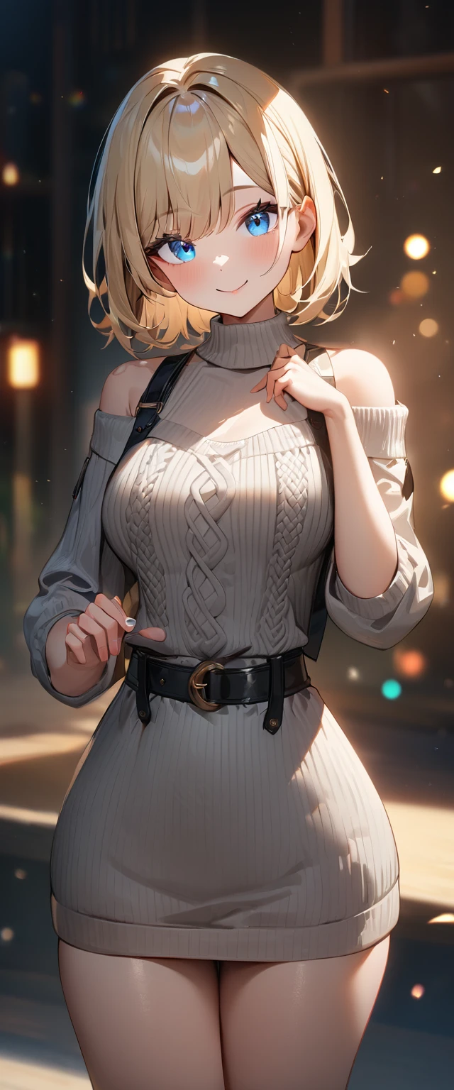 (((One girl))), ((beach)), noon, blond hair, bob cut, breasts, from front, (cowboy shot), standard body, (looking at viewer), ((off-shoulder {black} knit sweater, Quite thick shoulder straps)), ((long juliet_sleeves)), ager, head tilt:1.3, (((blue eye))), ((happy smile)), anime style, (best quality, 4k, 8k, highres, masterpiece:1.2, ultra-detailed, ultra-detailed eyes, HDR, UHD, studio lighting, ultra-fine painting, sharp focus, physically-based rendering, extreme detail description, professional, vivid colors, bokeh), ((Highest quality, Best image quality, Ultra-high resolution, Ultra-high resolution, solo, Strong eye highlights)), Depth of written boundary, Natural soft light, attractive, Beautiful Face, Cleanliness, Pure Face, nedium chest, Beautiful Face, Perfect Fingers, Perfect hands, Perfect body, Perfect Face, Shine a light into your eyes, Perfect Anatomy