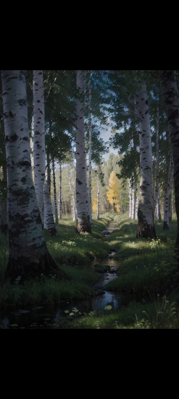 a beautiful oil painting of a birch grove in the shade, peaceful forest landscape, detailed foliage, serene atmosphere, warm lighting, vibrant colors, photorealistic, masterpiece, high quality, intricate details, lush greenery, sunlit clearing, tranquil scene, picturesque countryside, soft brushstrokes, natural beauty, atmospheric perspective, cinematic composition