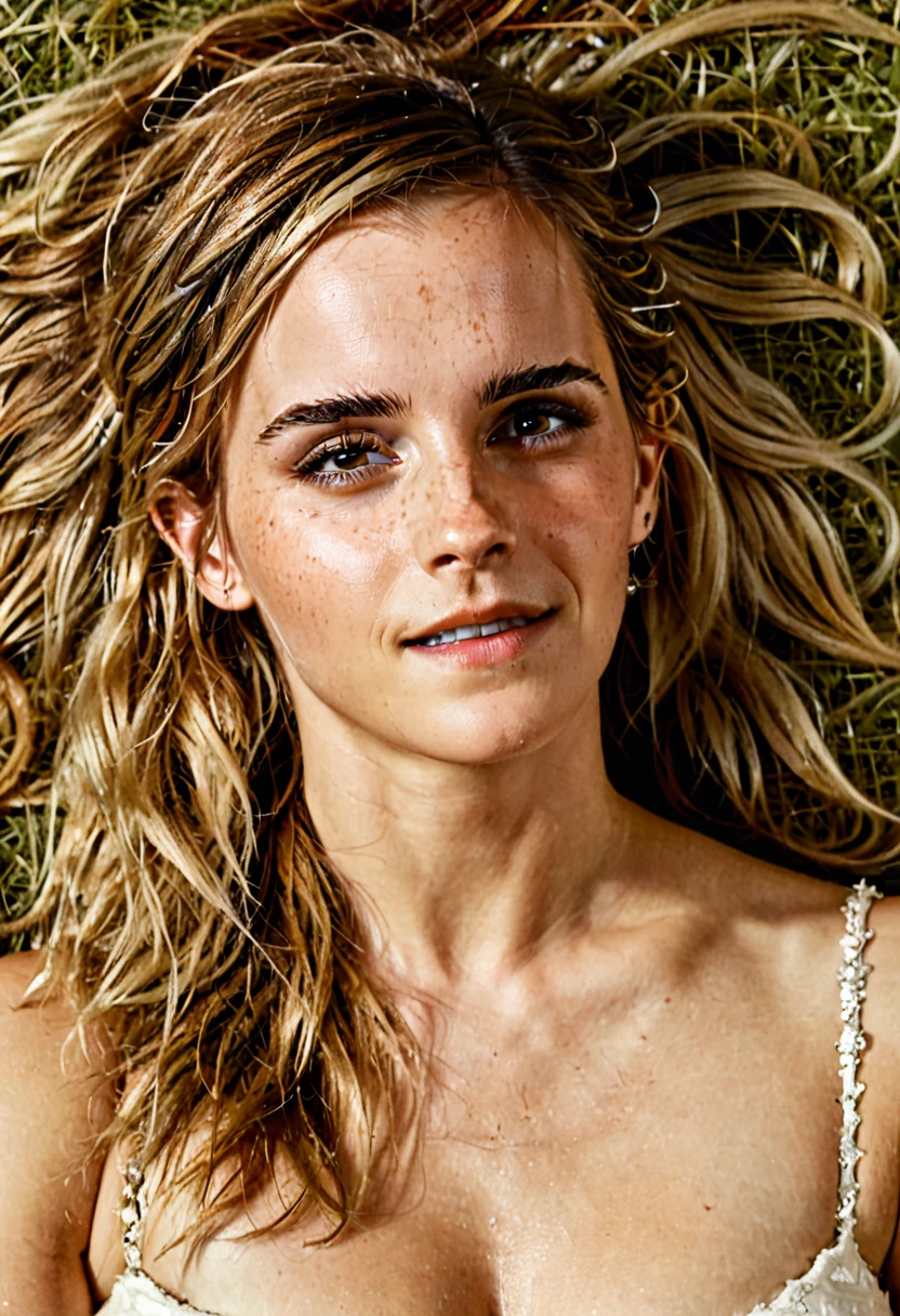 hyperdetailed sexy photography of Emma Watson, long white blonde messi hair, happy, laughing, eyes open, perfect eyes, vintage style, best quality,highly detailed, very detailed skin texture,  (looking at viewer:1.4), full body,
  