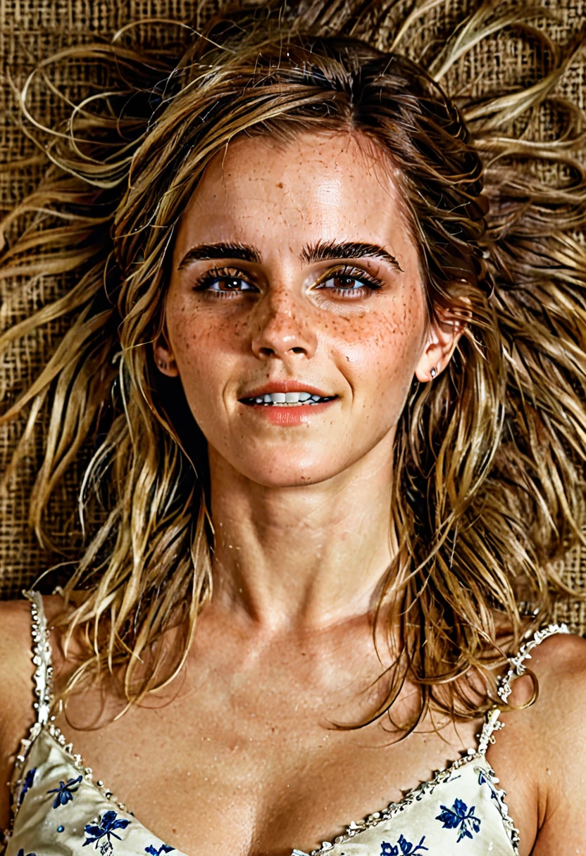 hyperdetailed sexy photography of Emma Watson, long white blonde messi hair, happy, laughing, eyes open, perfect eyes, vintage style, best quality,highly detailed, very detailed skin texture,  (looking at viewer:1.4), full body,
  