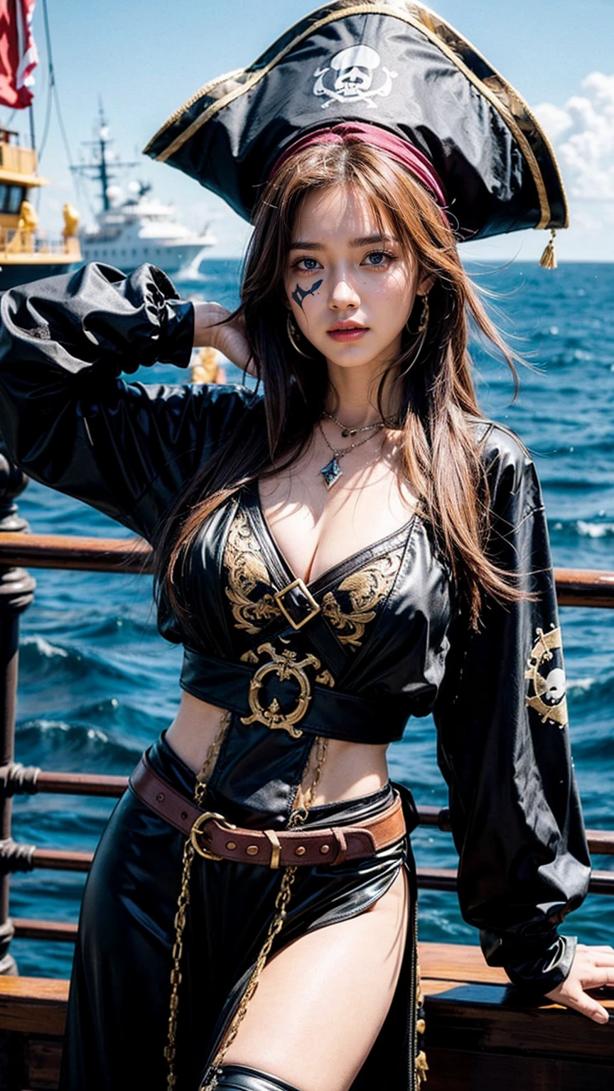 Y2k pirate fashion, y2k Pirate costume, vibrant central sea vessel scene, immersed in the vibrant atmosphere of a central sea vessel. The central sea vessel scene is alive, a lively central sea vessel, And people are having fun with piracy, capturing the spirit of central sea vessel, central sea vessel, The self-expression and, Midshot, central image, ultra detail, Very facial detail, Very eye-fine, Pirate costume style, Pirate costume, skinny girl, 8K, uhd, big
