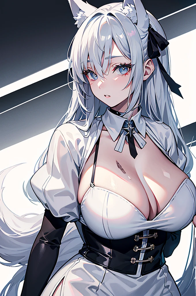 best qualtiy，tmasterpiece，The is very detailed，4K，Gray hair and shallow eyes，Drag cool expressions，Wolf ears，Erect scar on the left eye，British style，1girl，Absolutely beautiful, huge breasts, white costume, ear ribbon