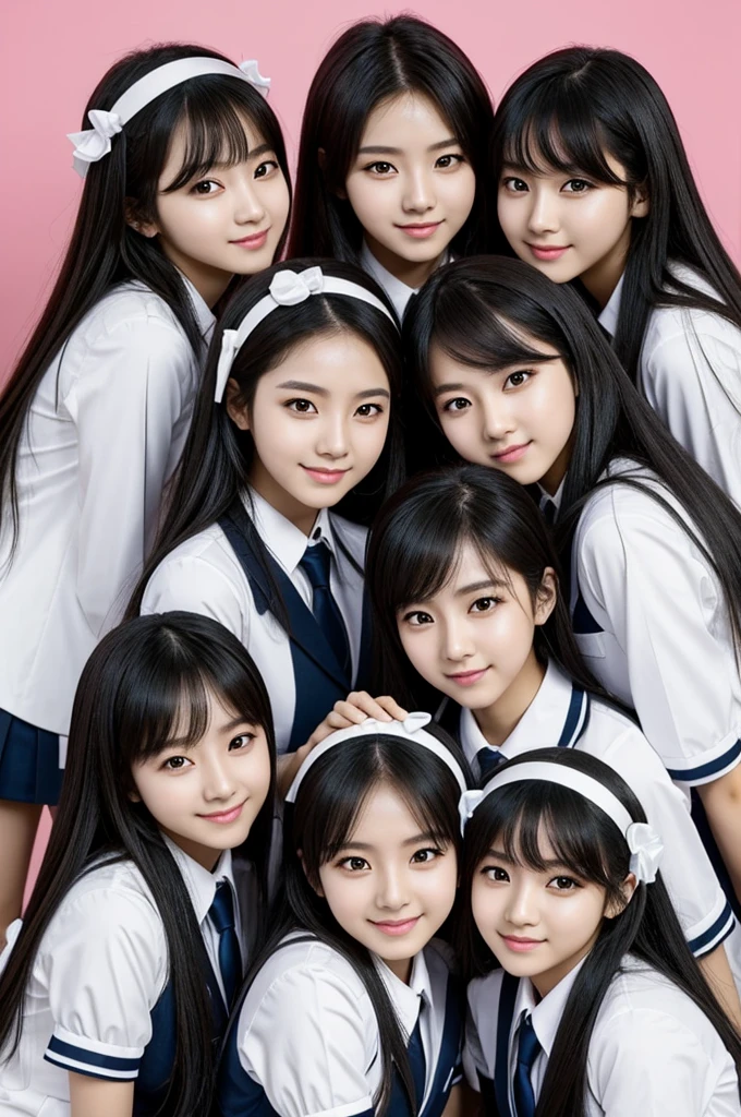 Creates a female K-pop group called Inlix made up of five girls. The concept of the photo is similar to that of the Gfriend group, with girls dressed in stylish and modern school uniforms, in tender and friendly poses. The background is a bright, well-lit school environment, with elements that reflect youth and freshness. Girls must have a friendly and professional appearance, highlighting the harmony and cohesion of the group.