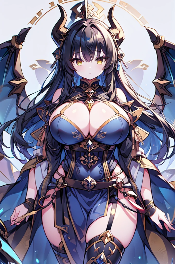 1girl, solo, skindentation, textured skin, background, simple background, dragon humanoid, blue scales, blue horns, pale skin woman, long hair, black hair, blunt bangs, blue sclera, yellow eyes, long lashes, expressionless, dragon wings, dragon tail, dragonborn, huge breasts, scales covering nipples, scales covering crotch, thick thighs, wide hips, huge ass, scales on arms, claw