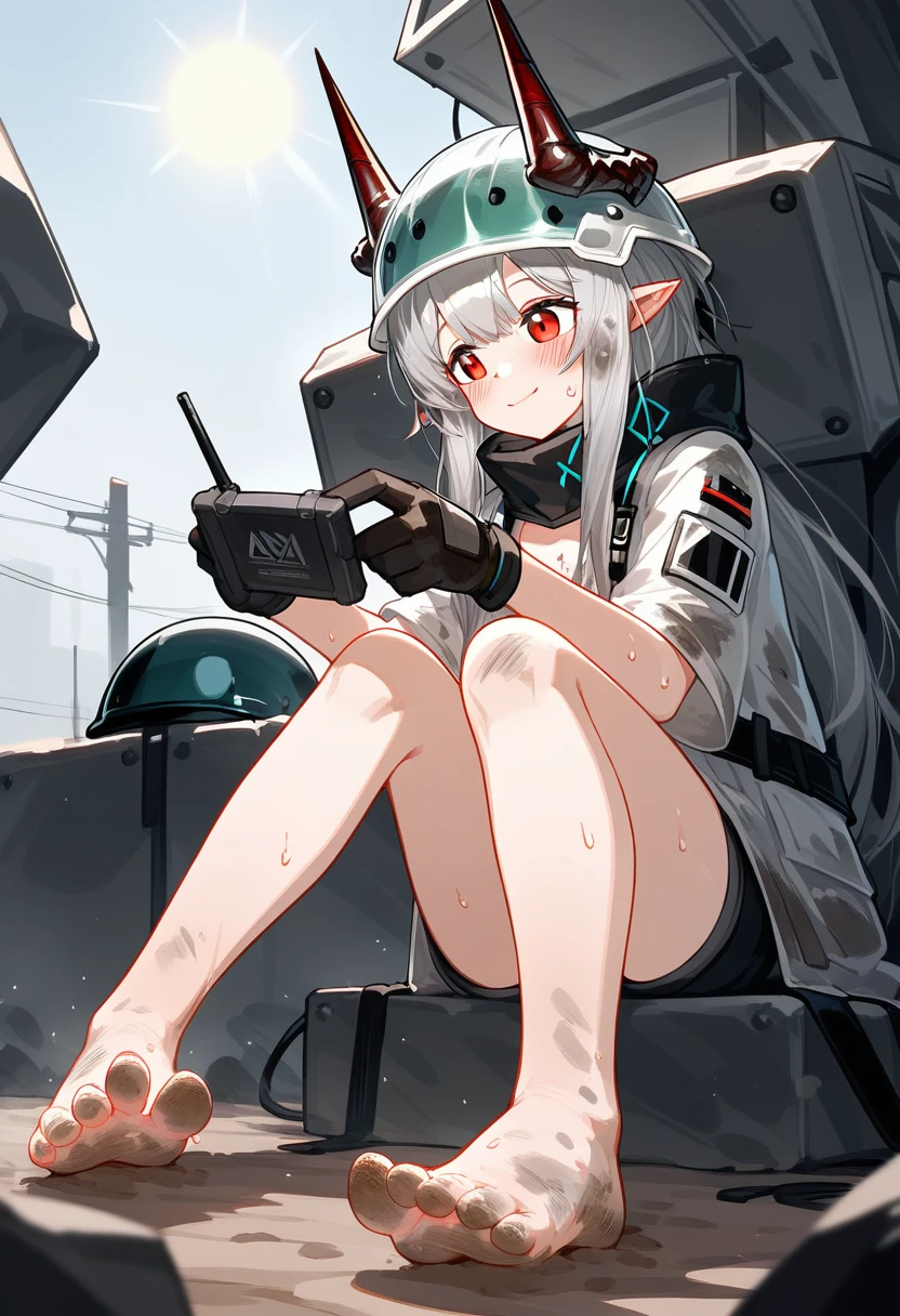 score_9,score_8_superior,score_7_superior,One girl,Mudstone (Arknights),dirty,feet,gloves,Helmet,horn,feet裏,Red eyes,裸feet,Pointed Ears,chest,alone,Long Hair,Gray Hair,black gloves,Toes,Helmet,feetのフォーカス,View your viewers,Sitting,Sweat,Part your lips,dirty feet,Holding,Outdoor,null,bangs,oripathy lesion (Arknights),Day,smile,blush,demon horn,infection monitor (Arknights),Shorthand,sun,