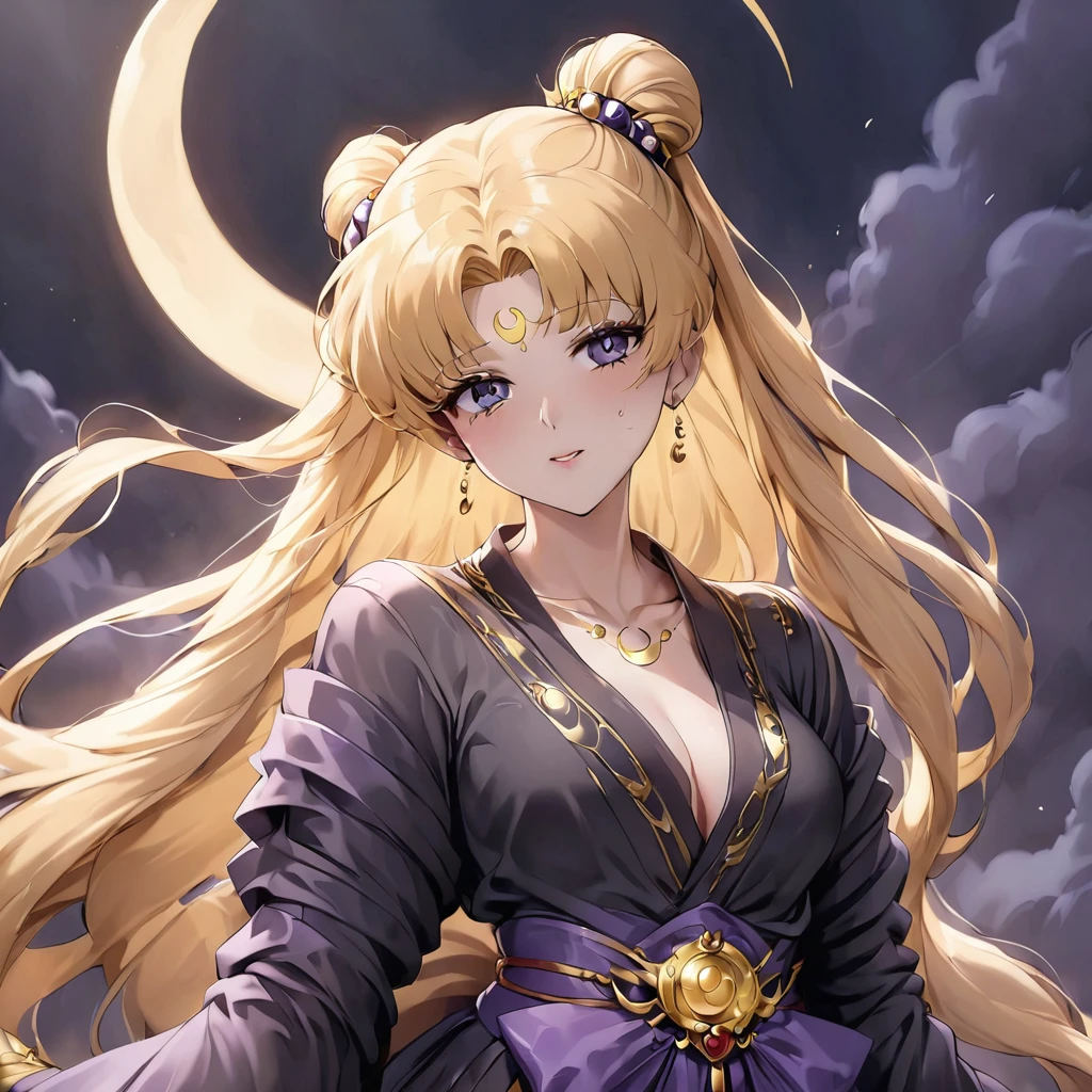 ((Highest quality)), ((masterpiece)), (detailed), （Perfect Face）、The woman has a black inverted crescent moon mark on her forehead, is wearing a gorgeous and glittering Hanfu, and is the Dark Empress wearing gorgeous jeweled accessories.、The woman is Black Serenity, the noble dark empress of the Black Moon clan and has blonde hair.２The woman with long hair tied up is Princess Serenity