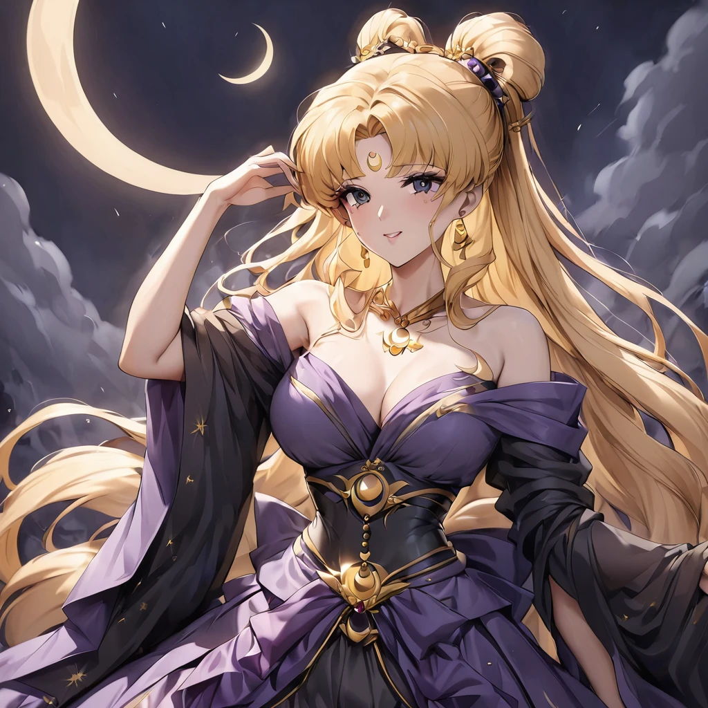 ((Highest quality)), ((masterpiece)), (detailed), (Perfect Face)、The woman has a black inverted crescent moon mark on her forehead, is wearing a gorgeous and glittering Hanfu, and is the Dark Empress wearing gorgeous jeweled accessories.、The woman is Black Serenity, the noble dark empress of the Black Moon clan and has blonde hair.2The woman with long hair tied up is Princess Serenity