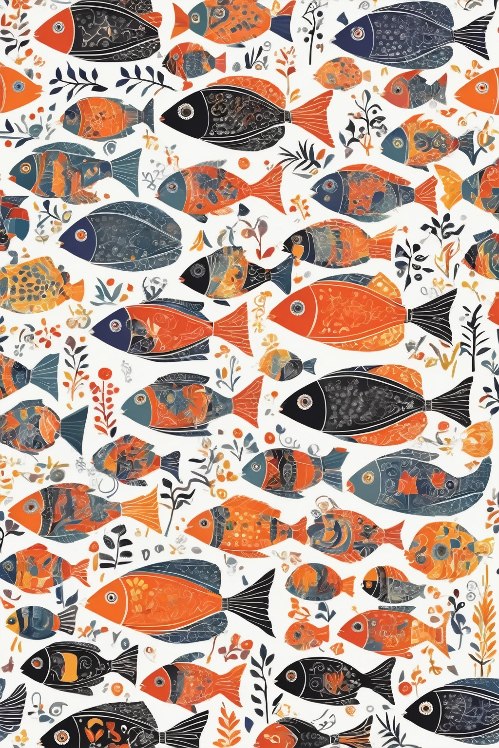 Folk Art - scandanavian folk art whimsical patterns. stylized figures. Different kinds of tropical fish in glass bowls laid on tree branches and stylized long-necked cats.