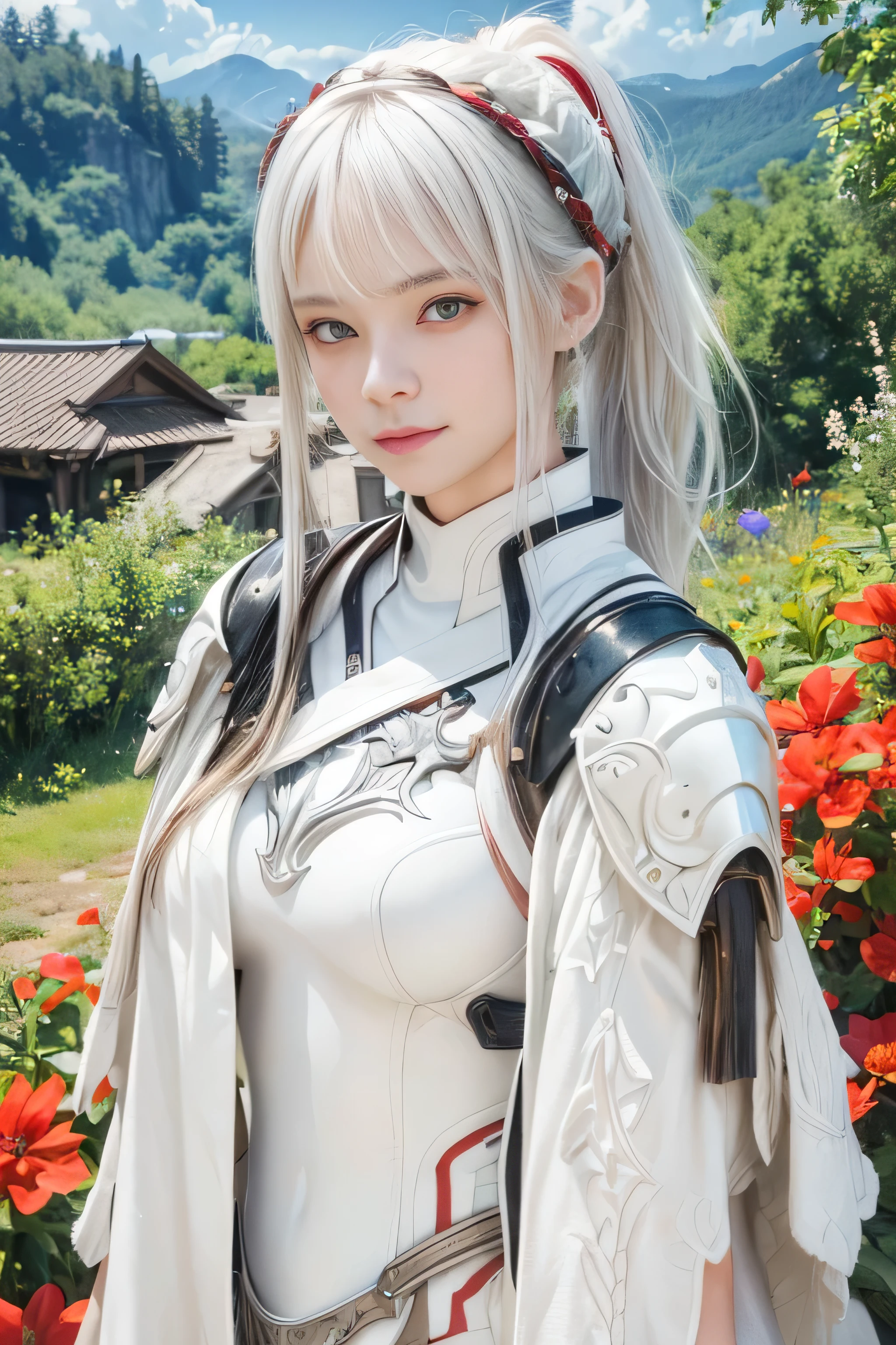 ((Best Quality)), ((Masterpiece)), (Details: 1.4), 3D, A Beautiful Female Knight, (Long White Hair: 1.9), (Red Eyes: 1.7), (Armor: 1.5), Sabre, Temple Background, Gothic Chapel, HDR (High Dynamic Range), Ray Tracing, NVIDIA RTX, Super-Resolution, Unreal 5, Subsurface Scattering, PBR Texture, Post Processing, Anisotropic Filtering, Depth of Field, Maximum sharpness and sharpness, multi-layer textures, albedo and highlight maps, surface shading, accurate simulation of light-material interactions, perfect proportions, Octane Render, two-color light, large aperture, low ISO, white balance, rule of thirds, 8K RAW,