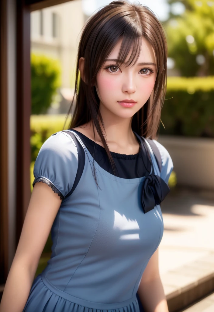 8K, of the highest quality, masutepiece:1.2), (Realistic, Photorealsitic:1.37), of the highest quality, masutepiece, Beautiful young woman, Pensive expression, Thoughtful look, Cute Maid Clothes, Hair tied back, Messy mood, Cinematic background, Tired, Light skin tone