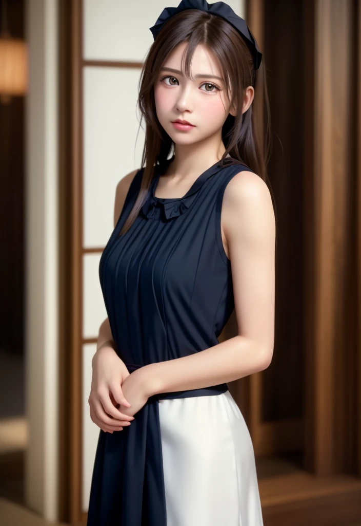 8K, of the highest quality, masutepiece:1.2), (Realistic, Photorealsitic:1.37), of the highest quality, masutepiece, Beautiful young woman, Pensive expression, Thoughtful look, Cute Maid Clothes, Hair tied back, Messy mood, Cinematic background, Tired, Light skin tone