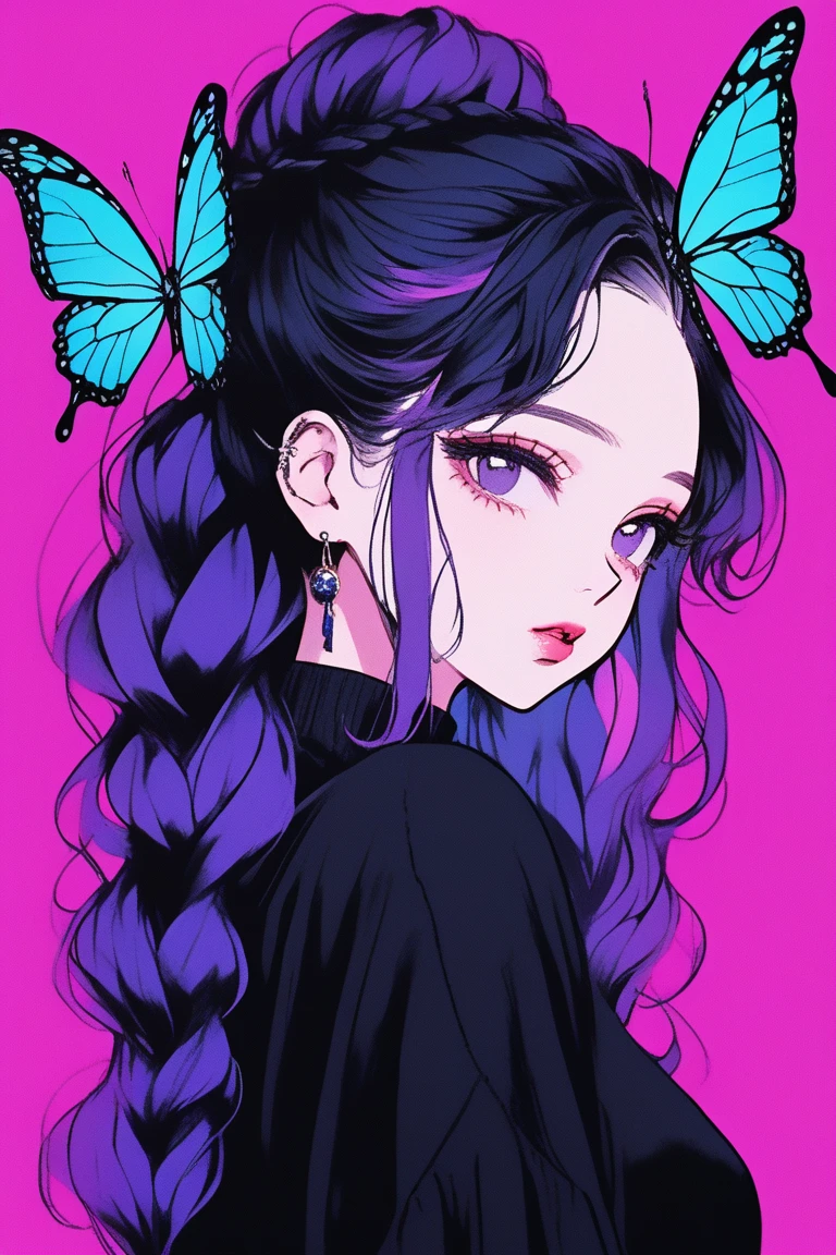 (Highest quality, sketch:1.2),Realistic,Illustrator,anime,1 Girl, Detailed lips,sweater,custom,Pink gradient background,Neon Hair,Texture Cropping,masterpiece, Style: Retro Classic, Dark Black、Braid、Under the Moon、black and purple hair、Beautiful Book、Blue butterfly hair ornament