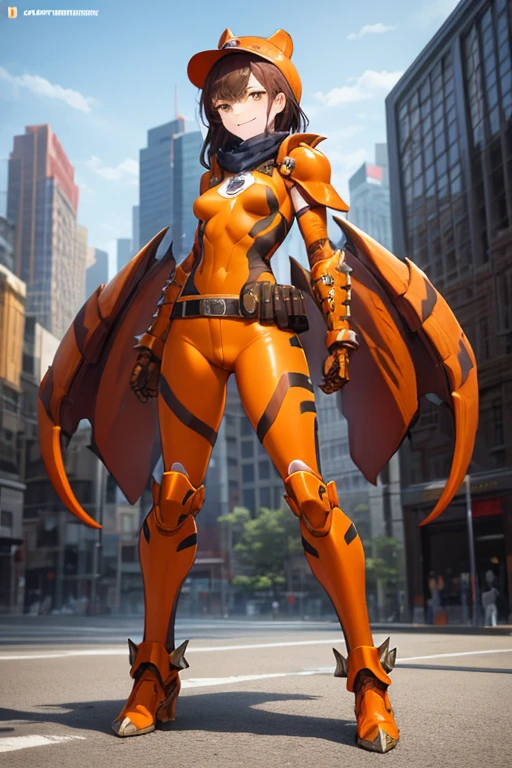 ((best quality)), ((masterpiece)), (detailed), 1 girl, full body, 20s, young adult, brown spiked aviator hat, evil smile, long white scarf, gremlin, yellow eyes, brown hair sticking out from behind, brown neck, somewhat short, very thin, hunched over, long metal claws, spikes on forearms, brown details, large brown gloves, orange wristbands, orange nanotech suit, light armor, orange chest piece with an emblem, high shoulder pads, orange suit with brown stripes, brown tiger stripes, triangle emblem on her chest, very small breasts, orange emblem, orange pants, orange knee pads, metallic orange boots, metallic orange shoes, brown superhero belt, standing on a building, city background, anime