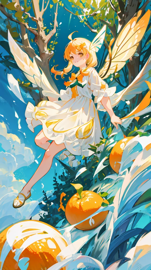 Showing the whole body, cute, , big breasts, flying in the sky, in the forest, simple white dress, long hair, alone, short, fairy wings, honey blonde hair, lemon tree, orange eyes