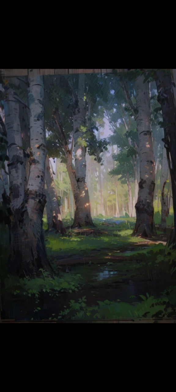 a beautiful oil painting of a birch grove in the shade, peaceful forest landscape, detailed foliage, serene atmosphere, warm lighting, vibrant colors, photorealistic, masterpiece, high quality, intricate details, lush greenery, sunlit clearing, tranquil scene, picturesque countryside, soft brushstrokes, natural beauty, atmospheric perspective, cinematic composition