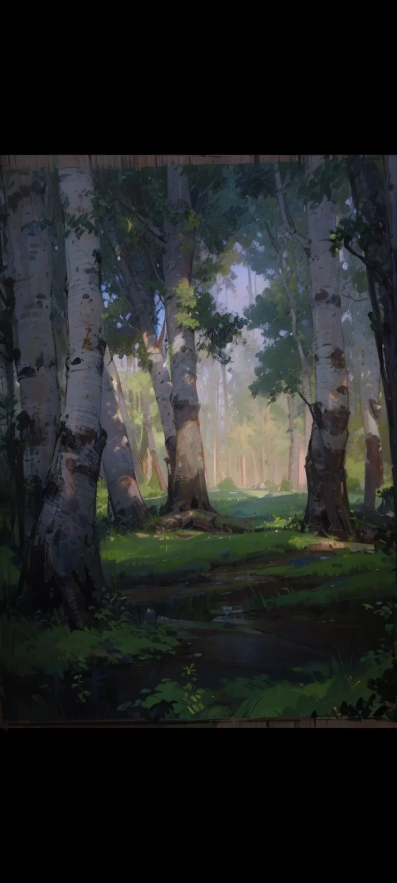 a beautiful oil painting of a birch grove in the shade, peaceful forest landscape, detailed foliage, serene atmosphere, warm lighting, vibrant colors, photorealistic, masterpiece, high quality, intricate details, lush greenery, sunlit clearing, tranquil scene, picturesque countryside, soft brushstrokes, natural beauty, atmospheric perspective, cinematic composition