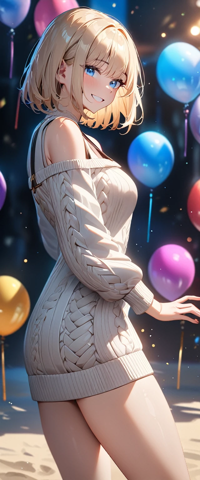 (((One girl))), ((beach)), noon, blond hair, bob cut, breasts, from front, (cowboy shot), standard body, (looking at viewer), ((off-shoulder {black} knit sweater dress, Quite thick shoulder straps)), ((long Balloon sleeve)), teenager, head tilt:1.3, (((blue eye))), ((happy smile)), anime style, (best quality, 4k, 8k, highres, masterpiece:1.2, ultra-detailed, ultra-detailed eyes, HDR, UHD, studio lighting, ultra-fine painting, sharp focus, physically-based rendering, extreme detail description, professional, vivid colors, bokeh), ((Highest quality, Best image quality, Ultra-high resolution, Ultra-high resolution, solo, Strong eye highlights)), Depth of written boundary, Natural soft light, attractive, Beautiful Face, Cleanliness, Pure Face, nedium chest, Beautiful Face, Perfect Fingers, Perfect hands, Perfect body, Perfect Face, Shine a light into your eyes, Perfect Anatomy