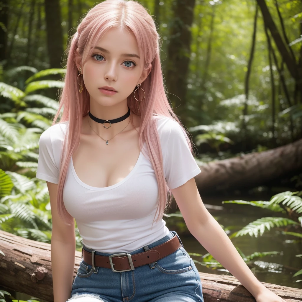 (((highest quallity))), 1 girl, alone, in a dense forest, sitting on a log, social white t-shirt, jeans,face detailed, Thin arms,ideal female body, gazing at viewer, long pink hair, blue colored eyes, glad, nblurry background,(((medium breasts: 1.2))), choker, waist belt,small and detailed nose, earrings on the ears, piercing no nariz, wearing a bra under a t-shirt