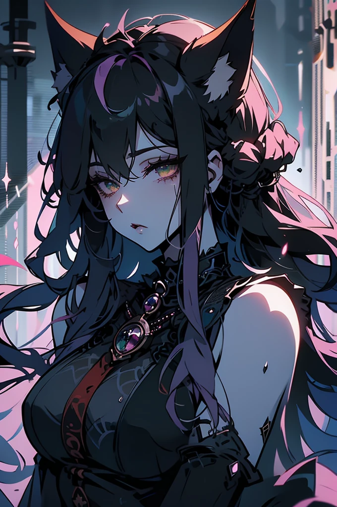 1woman, solo, long hair, pink hair, black choker, green eyes, eyeliner, gorgeous lips, cinematic, (masterpiece), (best quality), (ultra-detailed), very aesthetic, illustration, perfect composition, intricate details, absurdres, detailed face, motion blur, depth of field,detailed skin, eyeshadow, fox girl, fox tail, fox ears, wet, towel on the body