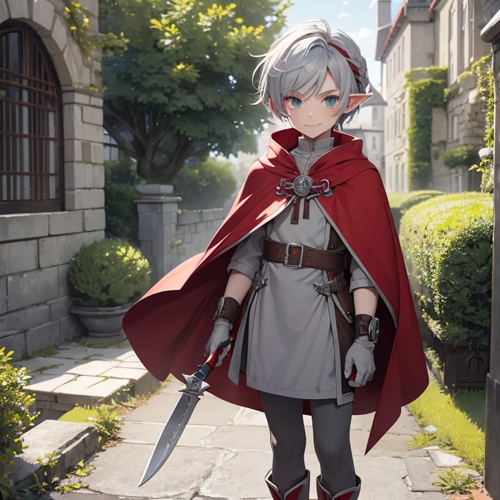 (Absurdres, best high quality, very detailed pixels and textures, carefully detailed quality, solo character alone, full character view)
{1character s old male elf boy}, he has pale skin, thick messy blue hair, heterochromatic eyes, very thin lips, short body, cute arms, cute legs, (wearing a pale grey tunic, red red cloak, pale grey bracelets, grey gloves, pale grey boots, red and green hair pin), (holding a short silver knife), beautiful male kid, cute face, relaxed smile, adorable, cheerful.
Standing in dannish castle yard.