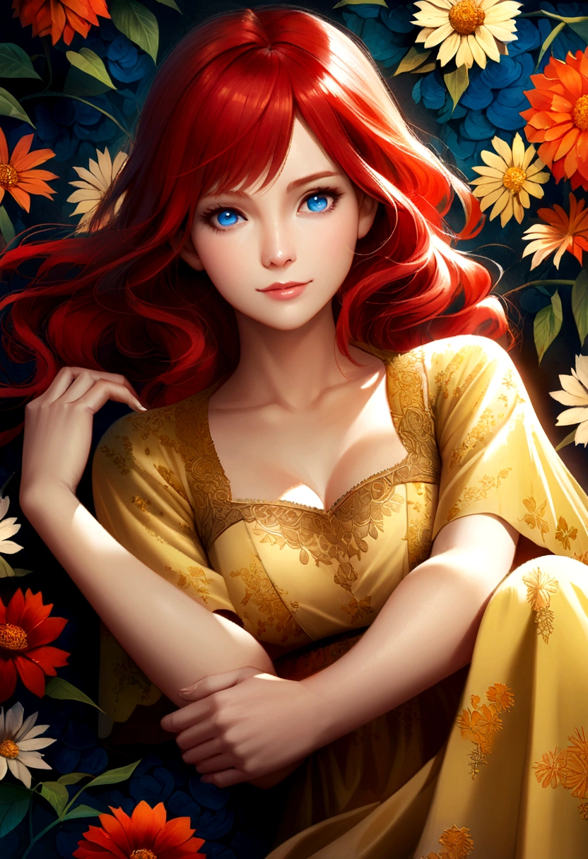 Anime-style realistic illustration of a woman with vibrant red hair reclining luxuriously against a floral-patterned background, wearing a yellow dress with flower motifs, and a serene expression with a light smile and striking blue eyes.