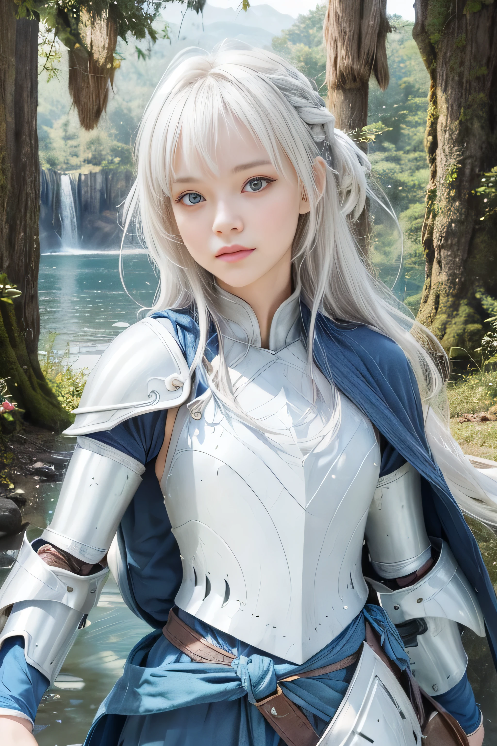 masterpiece, best quality, (realistic,photo-realistic:1.4), (RAW photo:1.2), extremely detailed CG unity 8k wallpaper, delicate and beautiful, amazing,finely detail, official art, absurdres, incredibly absurdres, huge filesize, ultra-detailed,extremely detailed eyes and face,light on face,little smile,,(white hair:1.4),(long hair:1.3),(wearing blue robe:1.4),(nature background:1.4),(wearing armor:1.4),(hair bangs:1.3),(ahoge:1.3)