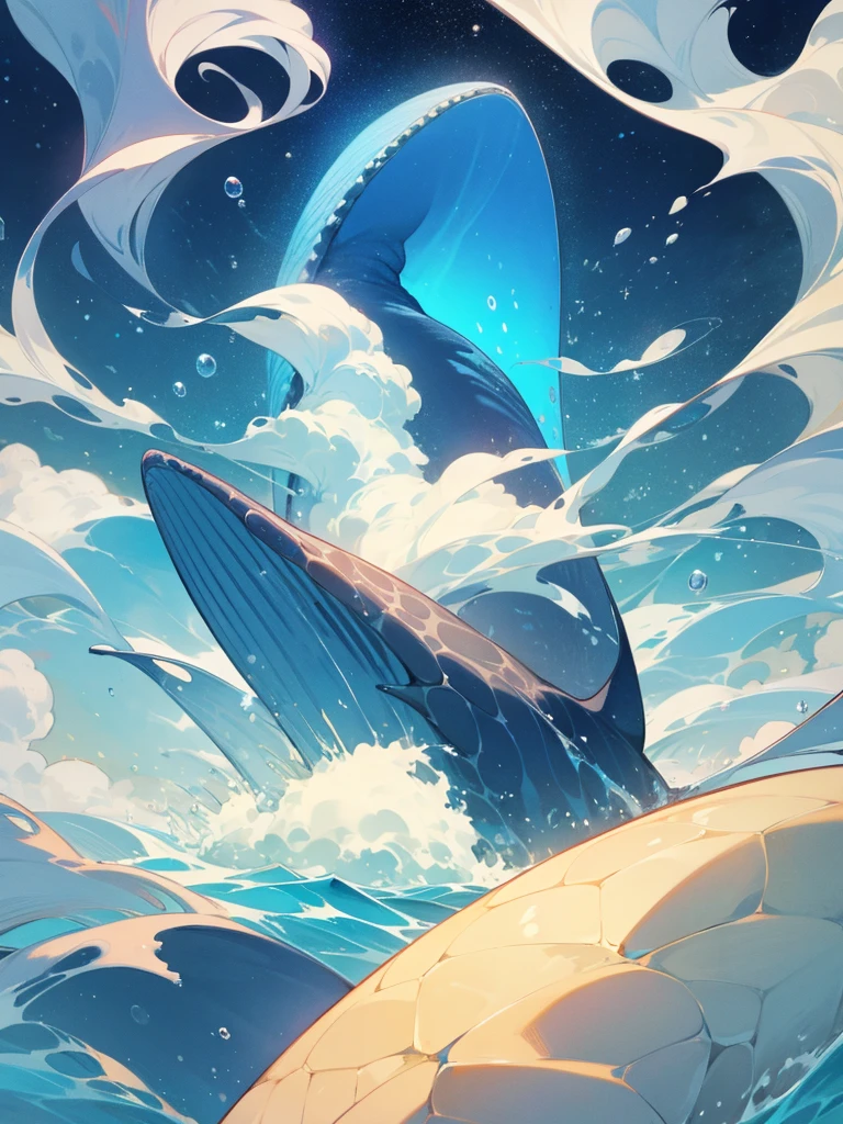 Big whale in the sea Mysterious Fantastic night sky Underwater bubbles