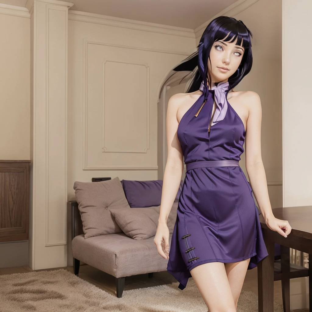 Illustration of hinata huyga with straight, dark purple hair and light purple eyes. She has a pleasant expression,  One hand is gently touching her hair.hinata huyga with dark blue hair, wearing a purple colour mini party dress revealing nude , clearly visible her white colour panties and high heels, walks confidently towards the viewer with a sly smile in the main hall of her house. She seems to be enjoying the attention she is getting, and her eyes sparkle with mischief.  She's in a relaxed, sensual mood.[Anime style, inspired by Masashi Kishimoto's Naruto, with a touch of realism in the facial features and body proportions], [Soft lighting, warm color palette, smooth lines, vibrant colors, slight blur effect on the background, focus on the woman's face and body, 50mm lens, shallow depth of field].

