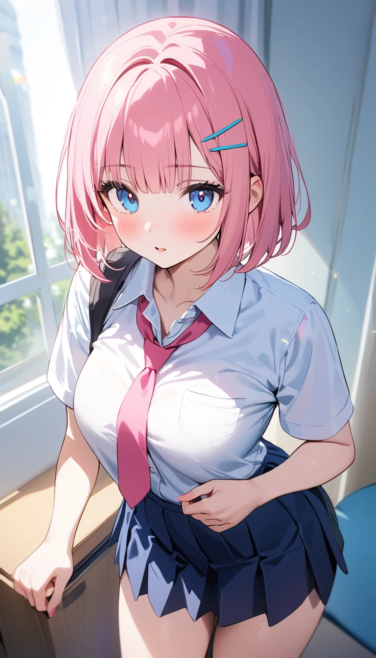 (1 girl),(Best Picture Quality, 8K, Masterpiece:1.3), (high school student:1.5), (pink lob hair), ((bob cut)), (blunt bangs), (slant skyblue eyes), ((school uniform, white short simple sleeve shirt, darkblue skirt, pink tie)), (super clear:1.5), (glistening skin:1.1),(pale skin:1.1),(yellow Heart hairclip)