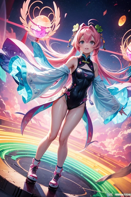 pink hair, side locks, hair clip, multi colored eyes, ssmile, shamrock hair ornament, ray tracing, anáglifo, アニメ, perspective, tachi-e, ultra-wide angle, anatomically correcte, ultra HD, best qualityer, high resolution, first work first work, best qualityer, high resolution), Chinese sweet, Rainbow hair, pink lips, (Full body 3.0), dynamic background,( Dynamic Pose 0.8)(dynamic angle:1.4)