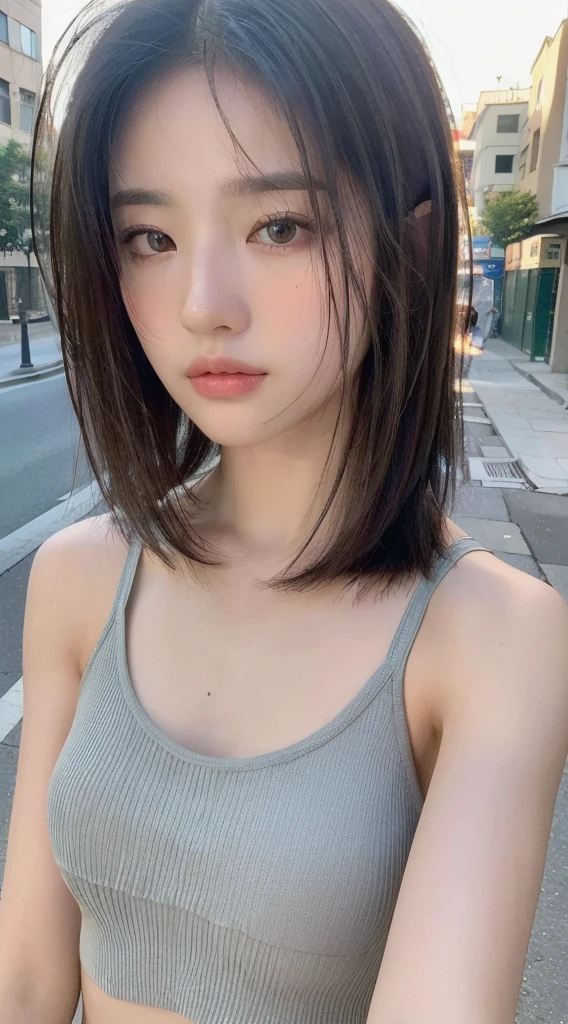 ((Best quality, 8k, Masterpiece :1.3)), Sharp focus: 1.2, Perfect Body Beauty: 1.4, Slim Abs: 1.2, ((Layered hairstyle: 1.2)), (Tank top shirt:1.1), (Street: 1.2), Highly detailed face and skin texture, Fine eyes, Double eyelids, close up