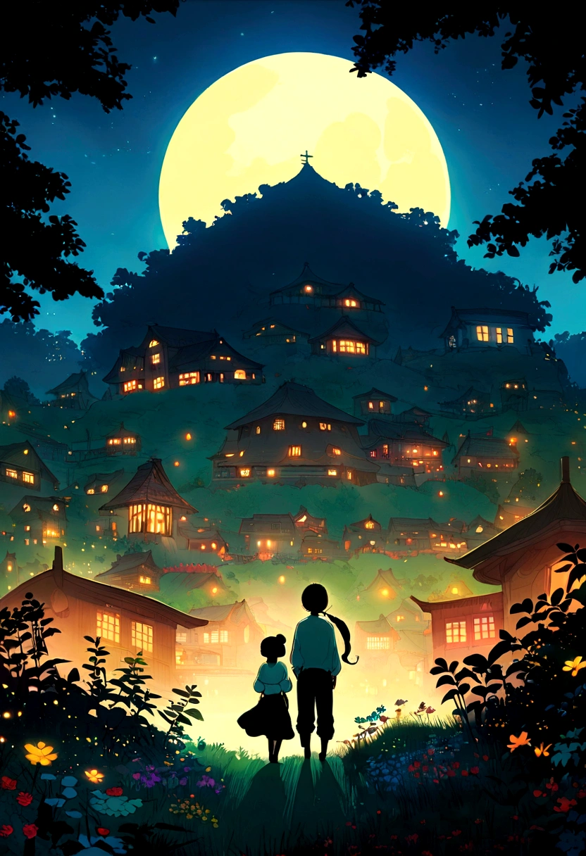 Two beautiful young men and women in a hot air balloon with stars and rural farmland in the background. Studio Ghibli cartoon animation style. The boy has black hair and wears a white shirt, while the girl has a long curly ponytail. In the background are small Japanese village houses, green trees, blue sky and a bright crescent moon in the night sky. Warm lights are on, and green trees and flowers are blooming under the moonlight. The colorful sky is full of vibrant bright colors. Moonlight shines through the woods at night, Studio Ghibli style, anime style, colorful, vibrant, cartoon, detailed, beautiful lighting, full moon, midnight, stars, magical, fantasy world. This scene is inspired by Hayao Miyazaki, creating a peaceful natural environment that brings endless tranquility to people. Hayao Miyazaki style, Studio Ghibli, warm colors, bright colors, soft shadows, tranquil atmosphere, natural landscape, high resolution, illustration, detailed, bright vibrant colors, cinematic lighting, studio lighting, surreal style, sharp focus, details, HDR, high image quality, high contrast, super resolution, 4K resolution.
