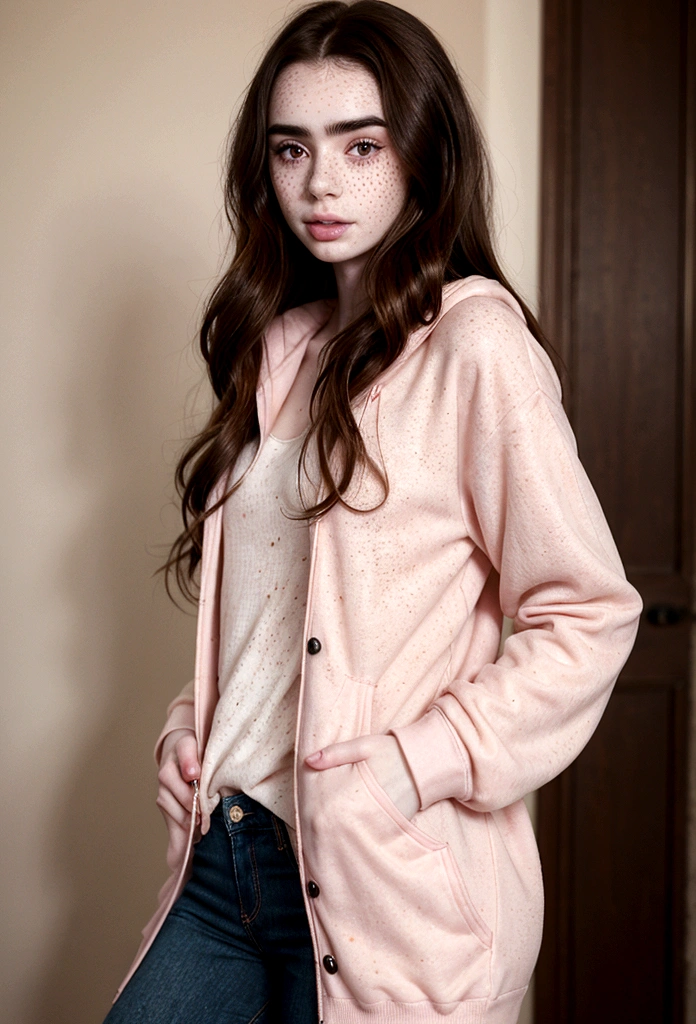 Lily Collins,((20 years old, long flowing dark brown hair, pale skin, freckles)), Hourglass, seductive, half body picture, Detailed skin, Looking at Viewer, Perfect Style, pink hoodie, jeans