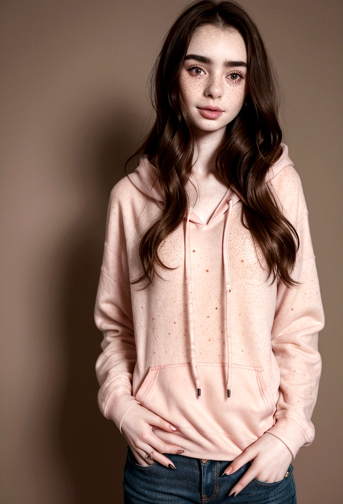 Lily Collins,((20 years old, long flowing dark brown hair, pale skin, freckles)), Hourglass, seductive, half body picture, Detailed skin, Looking at Viewer, Perfect Style, pink hoodie, jeans