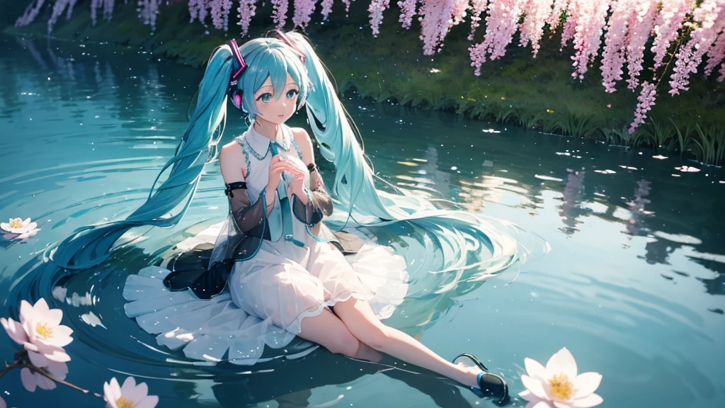 Hatsune Miku wearing a long transparent dress、Playing the harp by a quiet lake。In the background is a calm water surface.、Flowers illuminated by the morning sun々is spreading、Her light blue hair is soft and shiny.。