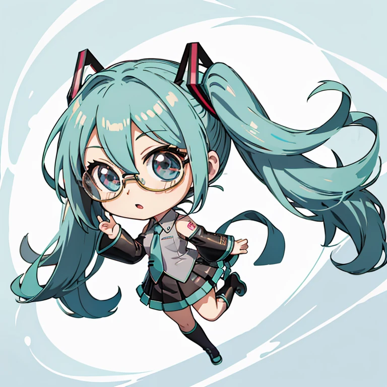 Wearing glasses, hatsune miku, (chibi:1.5), full body, Big Eyes, (masterpiece), highest quality