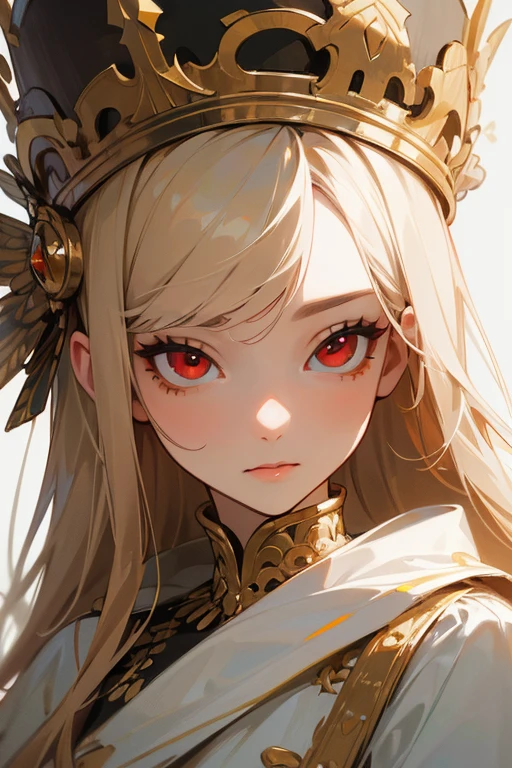 (Highest quality, masterpiece:1.2), High resolution, Very detailed, Realistic:1.37, Fantasy, An illustration, Red eyes, Queen, White Dress.The image of the face remains the same、Pupils are black、Gold decoration、Strong details、