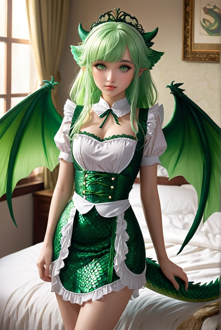 A maid stands beside a bed, illuminated by the soft morning light filtering through the curtains. She has long, soft green hair cascading over her shoulders and striking green eyes. Her white, smooth skin features patches of green scales on her wings, tail, cheeks, thighs, and the sides of her stomach. She also has small, curved horns on her head. Her wings are small and dragon-like, and her tail is covered in green scales. The scales on her body shimmer slightly in the light. She is wearing a black and white maid outfit designed to be both practical and alluring, with a form-fitting bodice and a short skirt that accentuates her graceful figure. Her outfit also has delicate lace trims and a small apron tied at the waist. Her expression is firm yet concerned as she looks down, focusing on her detailed and unique appearance. The room is softly lit with morning light, highlighting her striking features and the intricate details of her outfit and scales