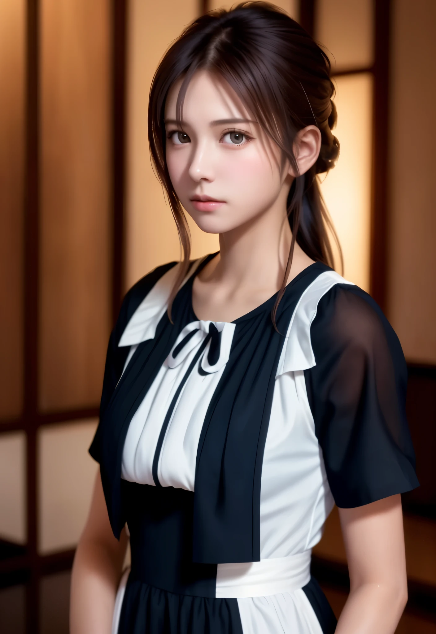 8K, of the highest quality, masutepiece:1.2), (Realistic, Photorealsitic:1.37), of the highest quality, masutepiece, Beautiful young woman, Pensive expression,、A charming、and an inviting look, Cute Maid Clothes, Hair tied back, Cinematic background, Light skin tone